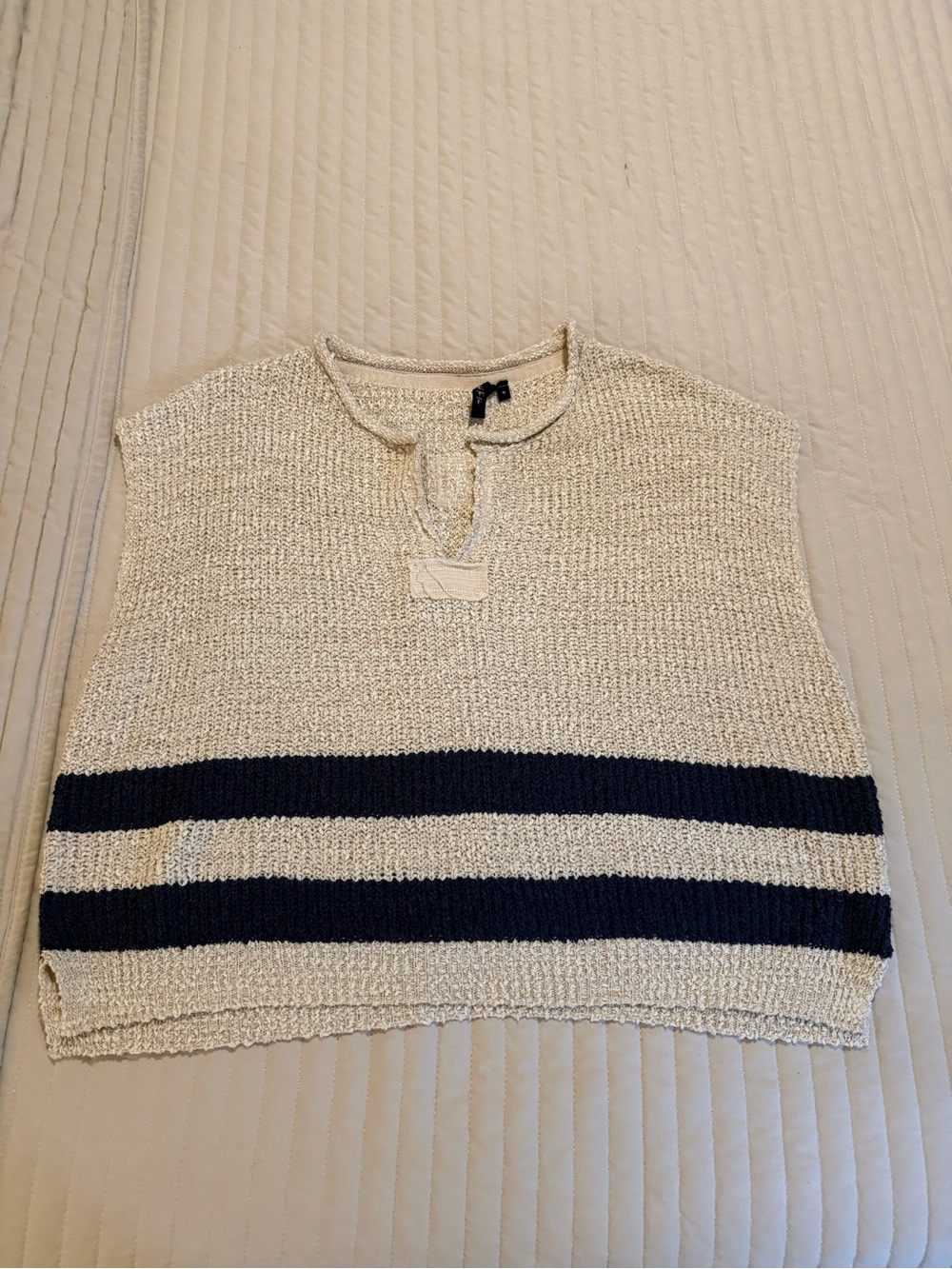 Sleeveless Cream Knit Tank with Navy Stripe Detail